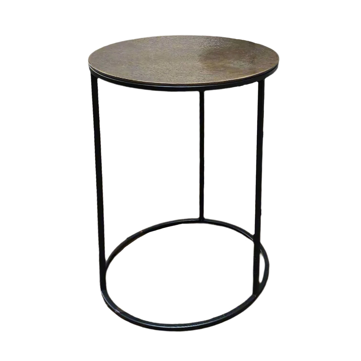 A set of three antique bronze top side tables on a metal iron base. A Simple but beautiful clean line. Can be purchased as a set or individually.