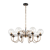 Antique gold eight-globe pendant with curved arms and clear glass globes.