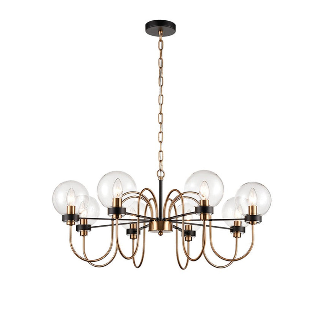 Antique gold eight-globe pendant with curved arms and clear glass globes.