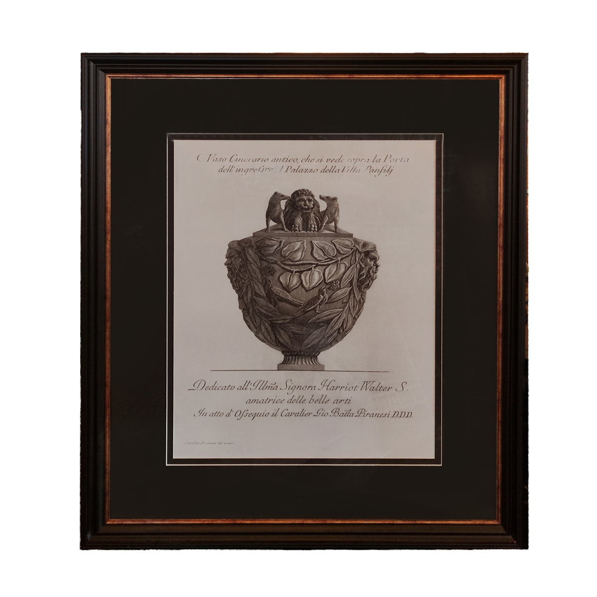 Black frame antique wall print featuring an intricate urn design with detailed carvings, perfect for wall decor and art enthusiasts.