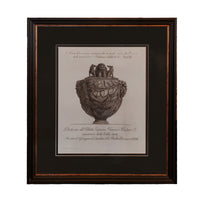 Black frame antique wall print featuring an intricate urn design with detailed carvings, perfect for wall decor and art enthusiasts.