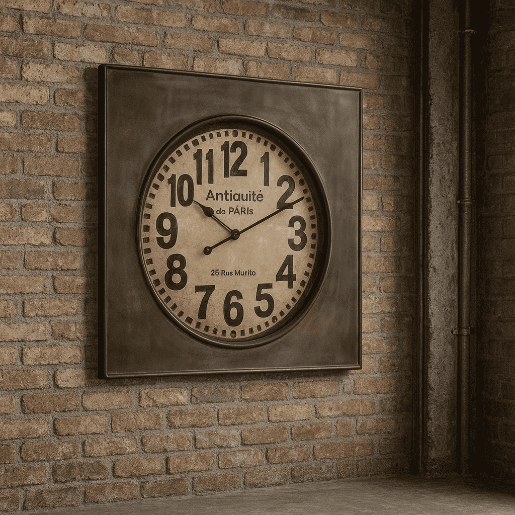 Vintage wall clock with square metal frame and antique design for home decor