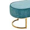 A long, beautiful aquamarine colour velvet covered stool with pleated sides and a polished gilt metal frame.&nbsp; A glamorous hall or bedroom seat.   W: 121 cm H: 45 cm D: 46 cm