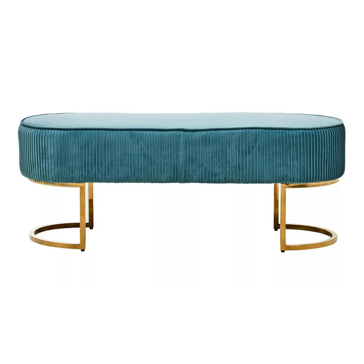 A long, beautiful aquamarine colour velvet covered stool with pleated sides and a polished gilt metal frame.&nbsp; A glamorous hall or bedroom seat.   W: 121 cm H: 45 cm D: 46 cm