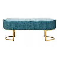 A long, beautiful aquamarine colour velvet covered stool with pleated sides and a polished gilt metal frame.&nbsp; A glamorous hall or bedroom seat.   W: 121 cm H: 45 cm D: 46 cm