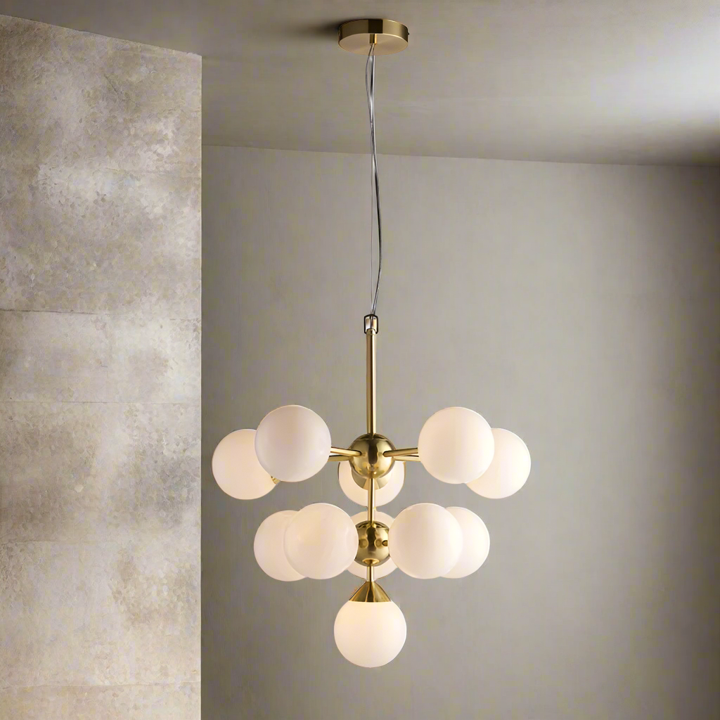 This opal glass cluster ball pendant is a sleek contemporary look for those looking to make a statement in a room. A large globe light of substantial size.