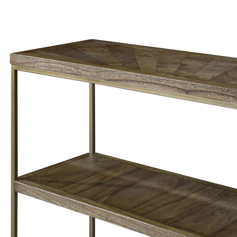 Three shelf ash console table featuring a minimalist metal frame, antique brass finish, and open design - perfect for displaying décor, storing books, or styling an entryway, hallway, or living room