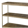 Three shelf ash console table featuring a minimalist metal frame, antique brass finish, and open design - perfect for displaying décor, storing books, or styling an entryway, hallway, or living room