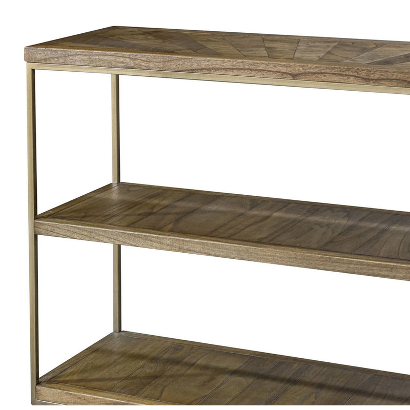 Three shelf ash console table featuring a minimalist metal frame, antique brass finish, and open design - perfect for displaying décor, storing books, or styling an entryway, hallway, or living room