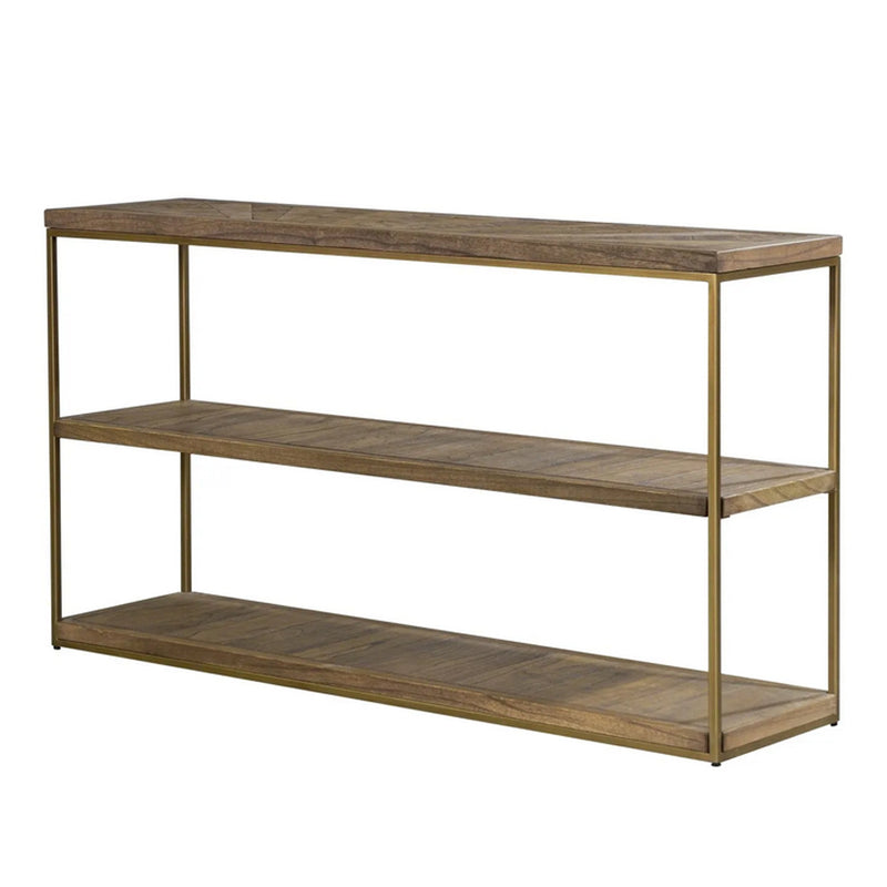 Three shelf ash console table featuring a minimalist metal frame, antique brass finish, and open design - perfect for displaying décor, storing books, or styling an entryway, hallway, or living room