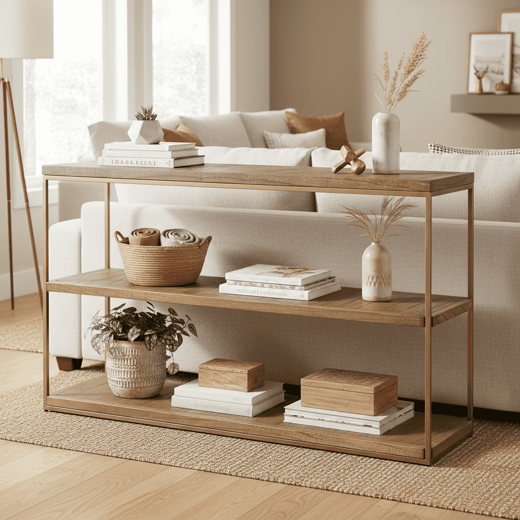 Three shelf ash console table featuring a minimalist metal frame, antique brass finish, and open design - perfect for displaying décor, storing books, or styling an entryway, hallway, or living room
