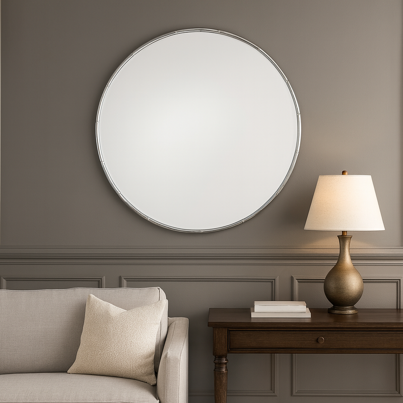 Lift your interior with this Silver Metal Bamboo Effect Round Mirror,  stunning circular  perfect for hallways, bedrooms, or living spaces.