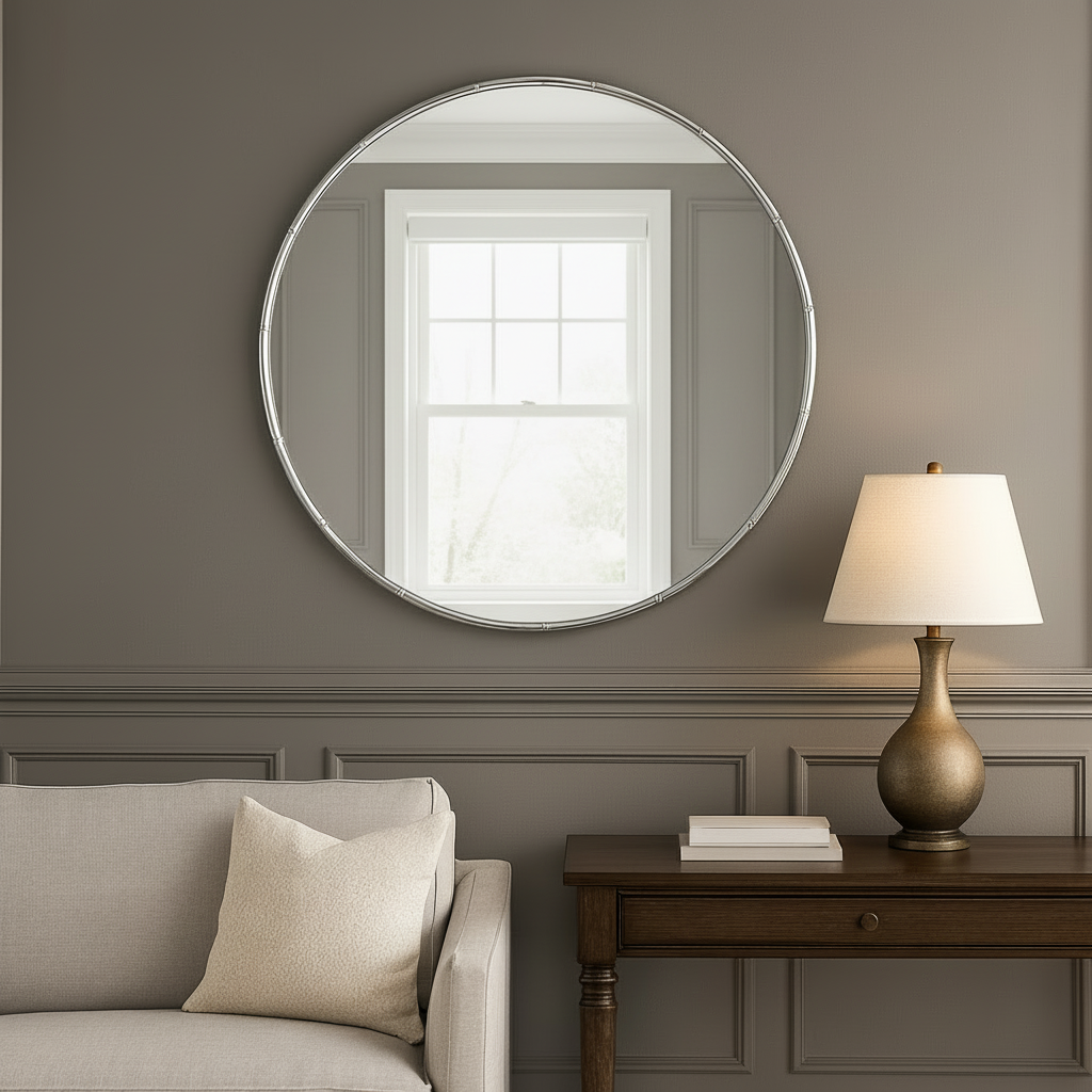 Lift your interior with this Silver Metal Bamboo Effect Round Mirror,  stunning circular  perfect for hallways, bedrooms, or living spaces.