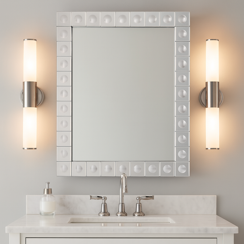 This is a Venetian-style wall mirror featuring a striking raised decorative frame. The rectangular mirror is bordered by a geometric design of square mirrored tiles, each accented with a raised circular dome detail that adds dimension, texture, and light-catching elegance. The reflective frame enhances the mirror’s brilliance, making it not only functional but also a bold decorative statement.

Its clean lines and sculptural frame give it a contemporary twist on classic Venetian design, making it versatile 