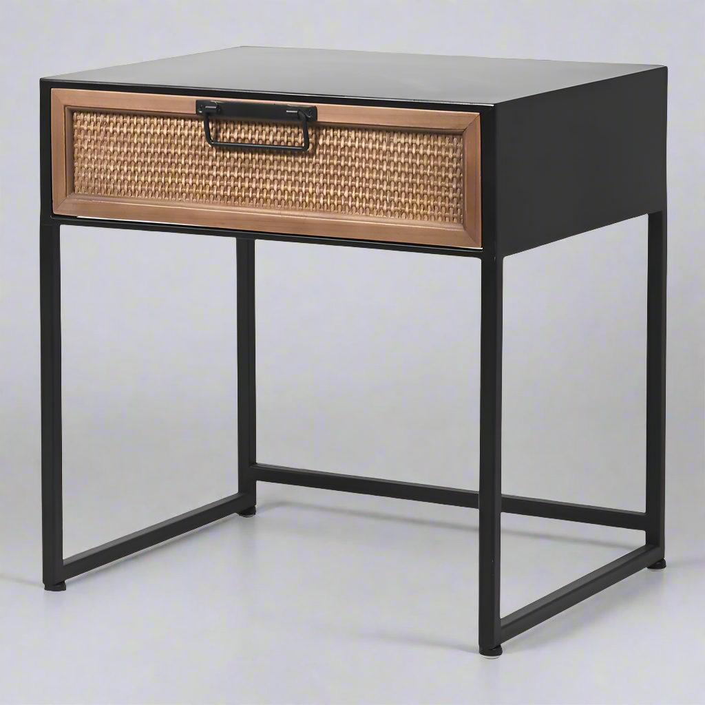Bedside Table Metal Frame Rattan Drawer - CLEARANCE