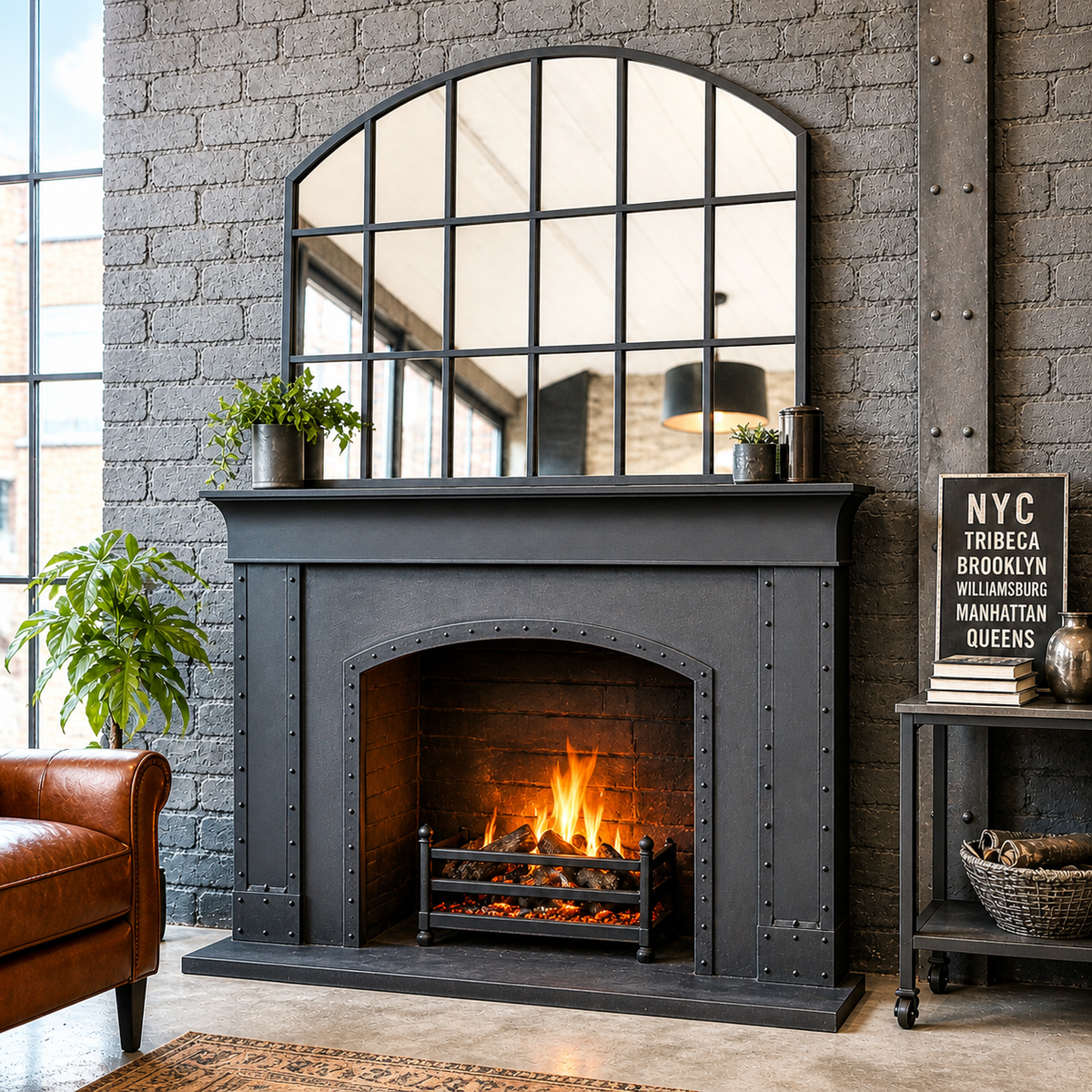 Modern fireplace with a mirror above it in a living room setting.