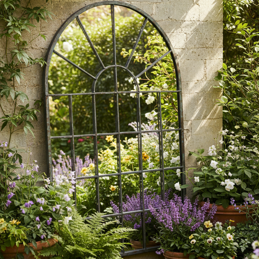 An arched black metal garden wall mirror with a grid pattern, in a garden