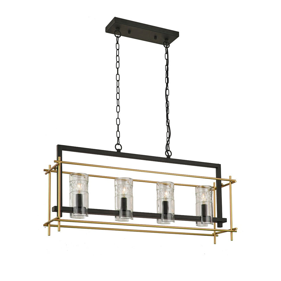 An industrial style black and gilt ceiling light, with four textured glass chimney style lamps. Great kitchen island or dining table light, modern with an industrial twist. Perfect with your 'Crittal' doors or windows.