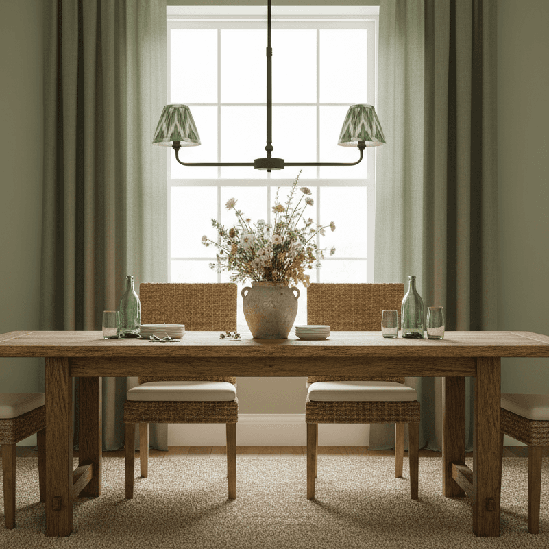 A refined ceiling light featuring an matt black frame with two curved arms, each supporting a classic tapered fabric clip shade/