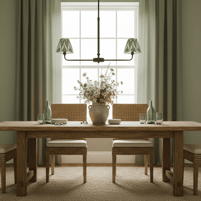 A refined ceiling light featuring an matt black frame with two curved arms, each supporting a classic tapered fabric clip shade/