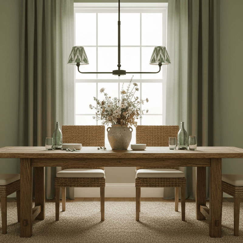 A refined ceiling light featuring an matt black frame with two curved arms, each supporting a classic tapered fabric clip shade/