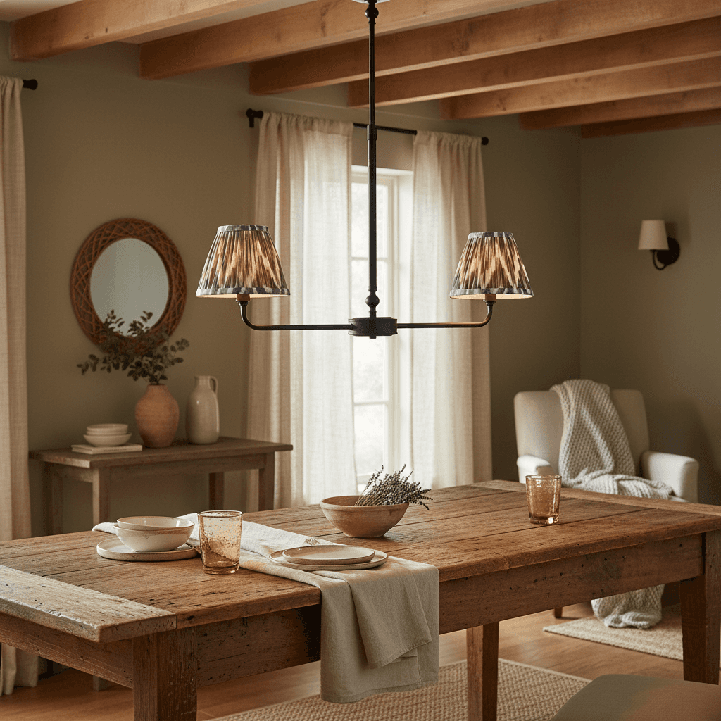 A refined ceiling light featuring an matt black frame with two curved arms, each supporting a classic tapered fabric clip shade. 