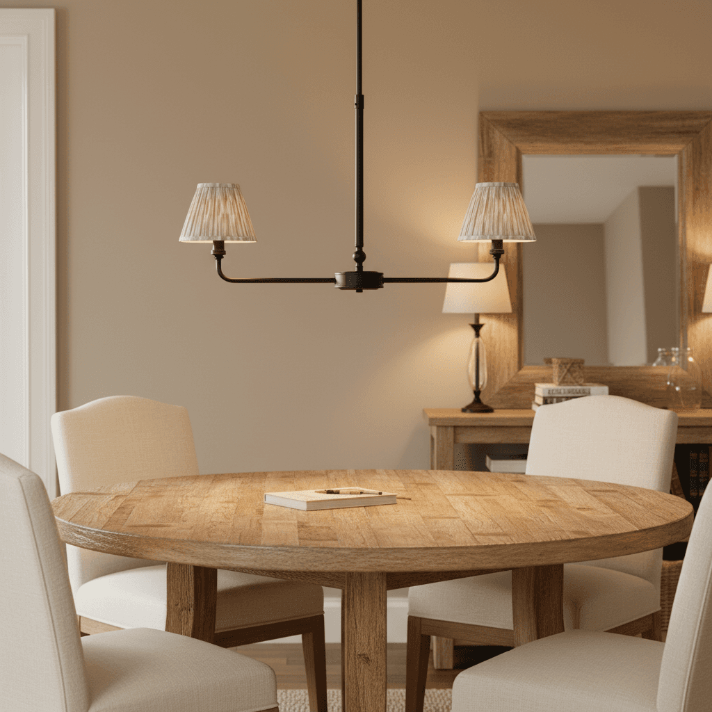 A refined ceiling light featuring an matt black frame with two curved arms, each supporting a classic tapered fabric clip shade. 