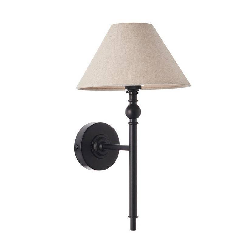 Very simple, classic shaded wall light in matt black metal. The neutral shade is a perfect addition, totally classic. This wall light is a great bedside wall light