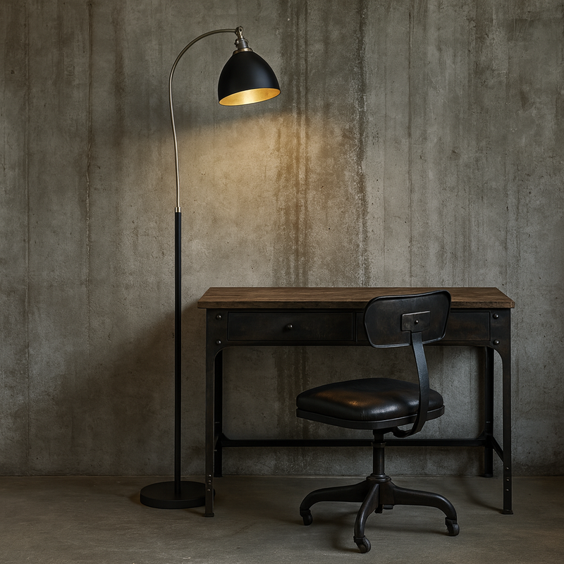 Tall slim profiled, black floor lamp with nickel fittings and gilt inner to the black shade. This lamp is great for a study or to read by, placed by a desk or your favourite chair 