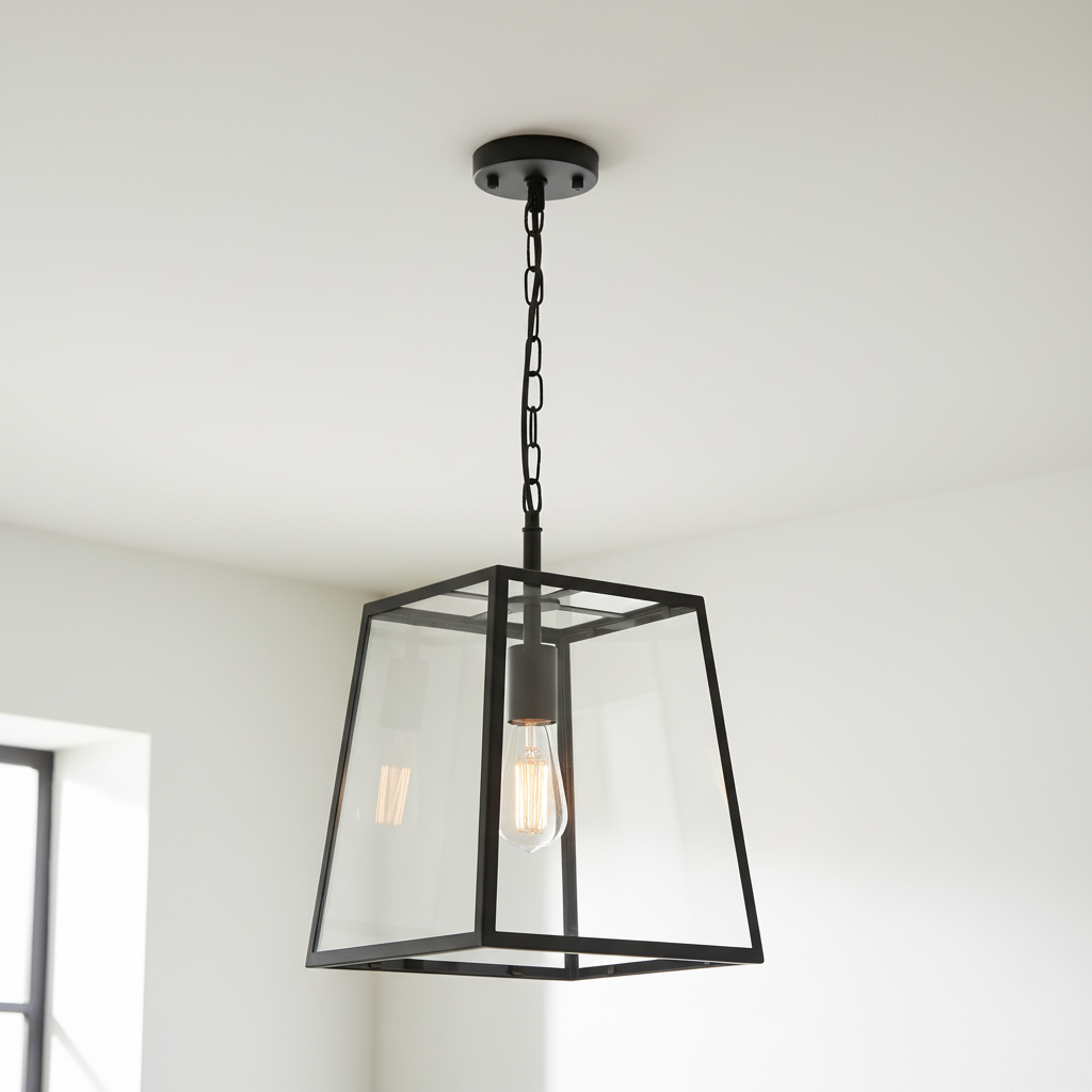 Black trapezoid shaped glass lantern, perfect hall or porch light. It has an industrial twist that suits a period house or the most contemporary interior