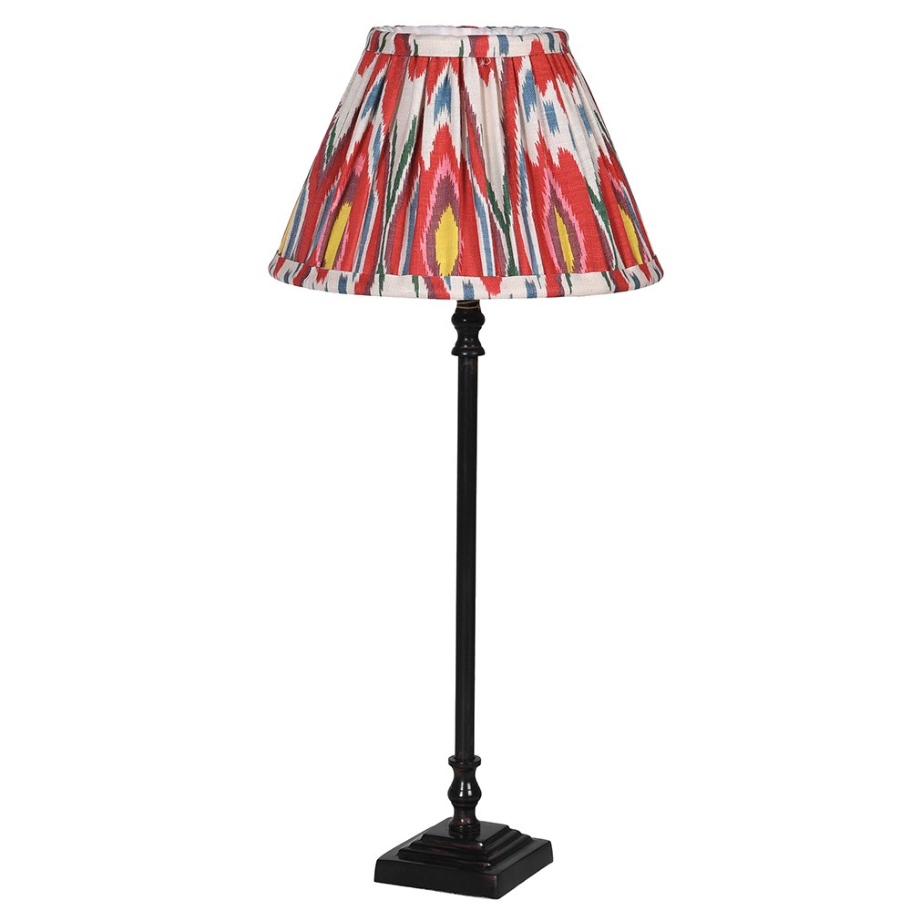 black metal table lamp - red and yellow ikat shade