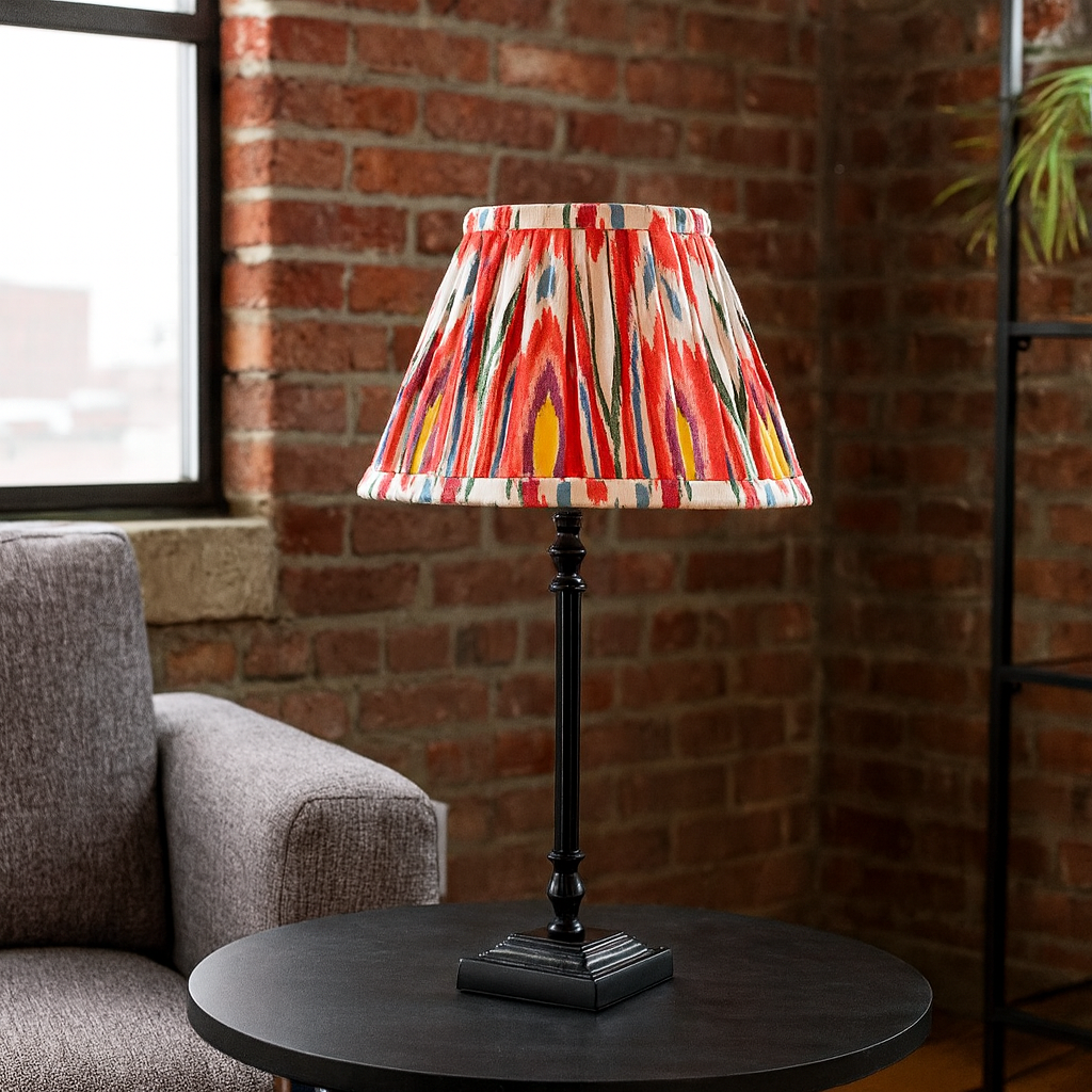 black metal table lamp - red and yellow ikat shade