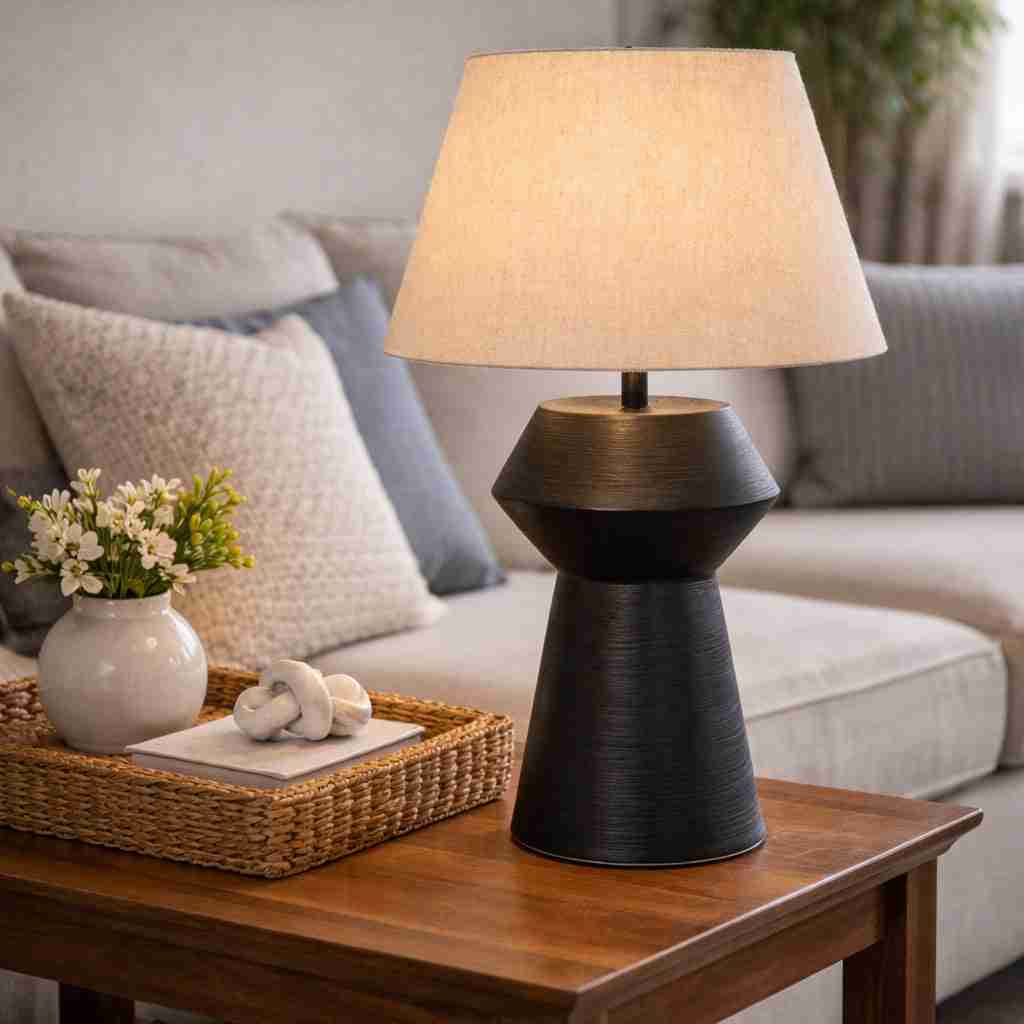The sculptural black base features a subtle textured finish, beautifully contrasted by a soft neutral fabric shade that diffuses light gently throughout the room. Its balanced proportions make it a versatile piece that complements both modern and classic interiors.