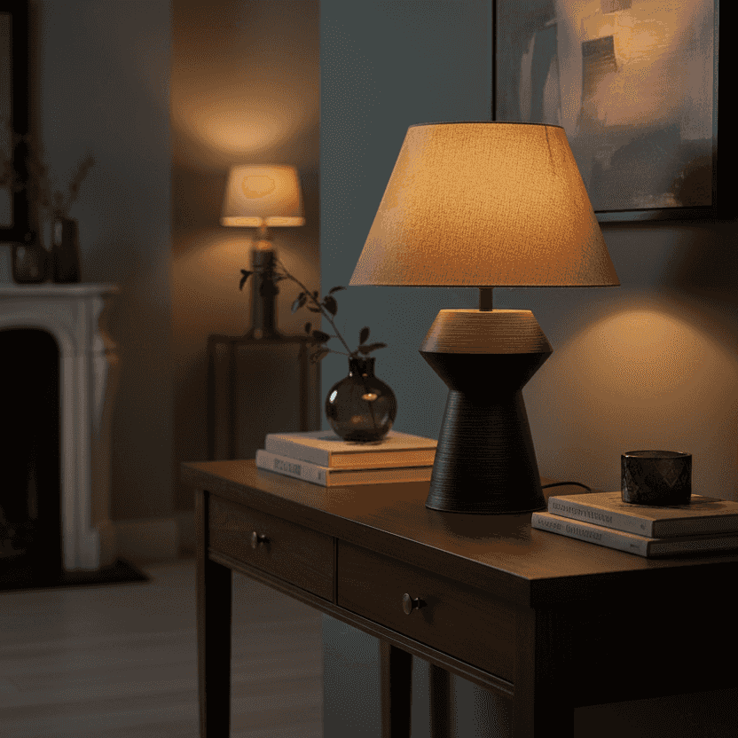 The sculptural black base features a subtle textured finish, beautifully contrasted by a soft neutral fabric shade that diffuses light gently throughout the room. Its balanced proportions make it a versatile piece that complements both modern and classic interiors.
