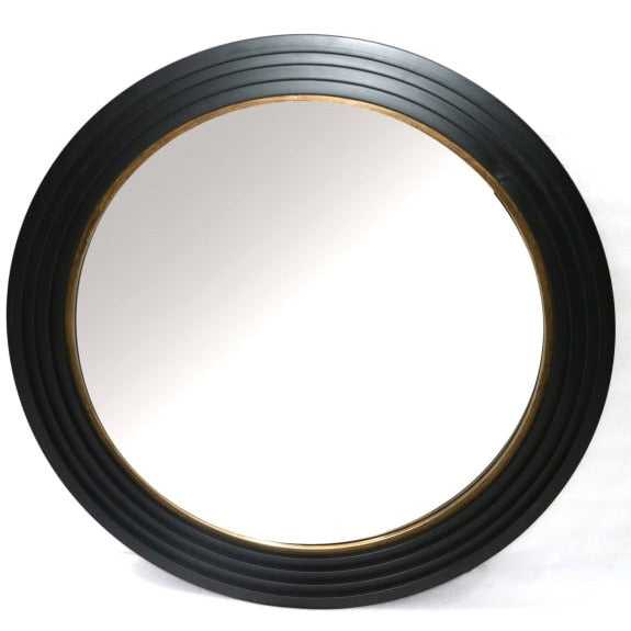 A large circular mirror with a black metal  ridged frame, exceptional size mirror, the frame lifted with an inner gilt rim. A fantastic mirror wherever it's placed, it will just flash out an enormous amount of light.&nbsp; Amazing over a large fireplace, in an entryway to illuminate a dark hall. In a living room to add glamour and drama, a dark frame but a lot of glass.
