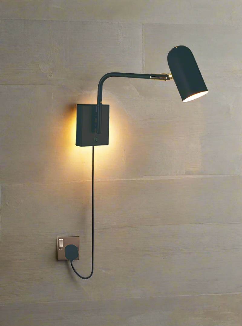 Slender Black Metal Wall Light with Extended Arm and Plug 22cm