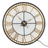 This is an indoor clock where the hands are operated by two standard AA batteries.&nbsp; The iron fascia and hands sit on top of a smoked glass.&nbsp; The batteries are housed in the middle behind the hands - the cross section of which can be pulled out for access.&nbsp;  An led strip light inside requires a power / three pin plug socket.&nbsp;