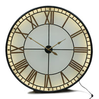 This is an indoor clock where the hands are operated by two standard AA batteries.&nbsp; The iron fascia and hands sit on top of a smoked glass.&nbsp; The batteries are housed in the middle behind the hands - the cross section of which can be pulled out for access.&nbsp;  An led strip light inside requires a power / three pin plug socket.&nbsp;
