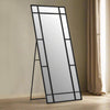 Tall, black metal, window style mirror on a stand.&nbsp; Can be leant, hung on a wall or has a stand to use as a dressing mirror.&nbsp; Very versatile mirror.&nbsp; Great in an industrial style bedroom or living space. 