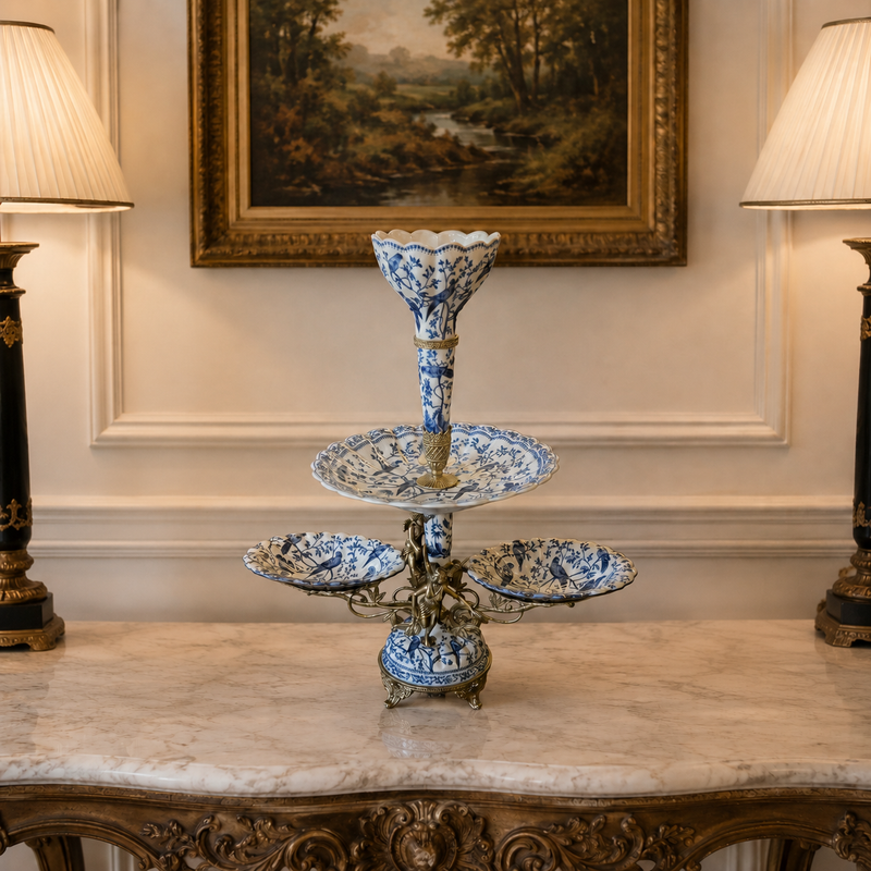 blue &amp; white porcelain tiered centrepiece stand