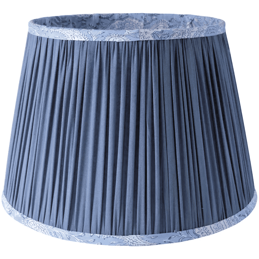 Tapered cotton lamp shade in steel blue with pleated design and floral trim, ideal for vintage or modern decor. Available in 40cm, 35cm & 20cm sizes.