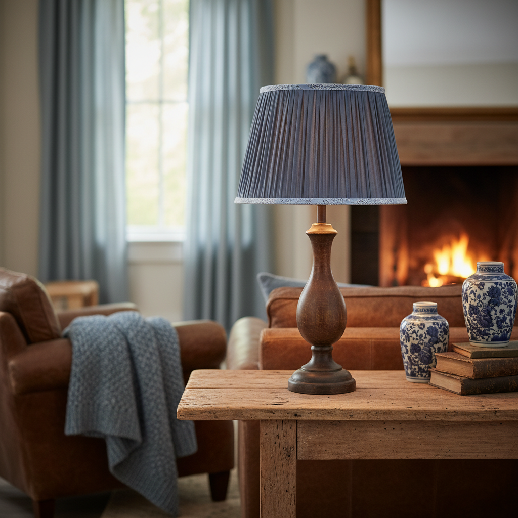 Pleated blue lampshade. Crafted with fine fabric and subtle detailing, the soft pleats create a classic silhouette that diffuses light beautifully