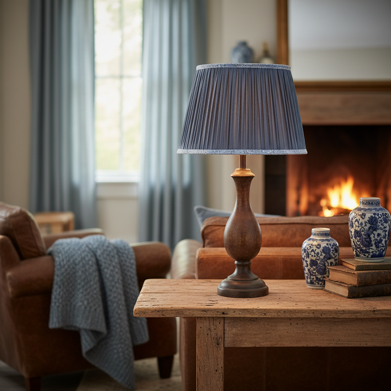 Pleated blue lampshade. Crafted with fine fabric and subtle detailing, the soft pleats create a classic silhouette that diffuses light beautifully
