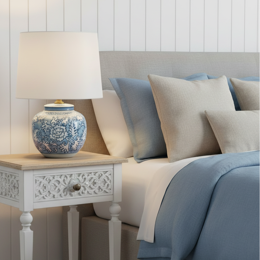 A really pretty smaller blue and white round based ceramic lamp with white shade. Perfect size for a smaller space, or a bedside lamp.