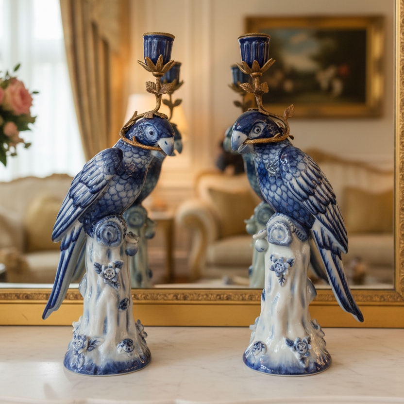 Bronze and porcelain parrot candle holders which are an exquisite reproduction of the Georgian originals. 