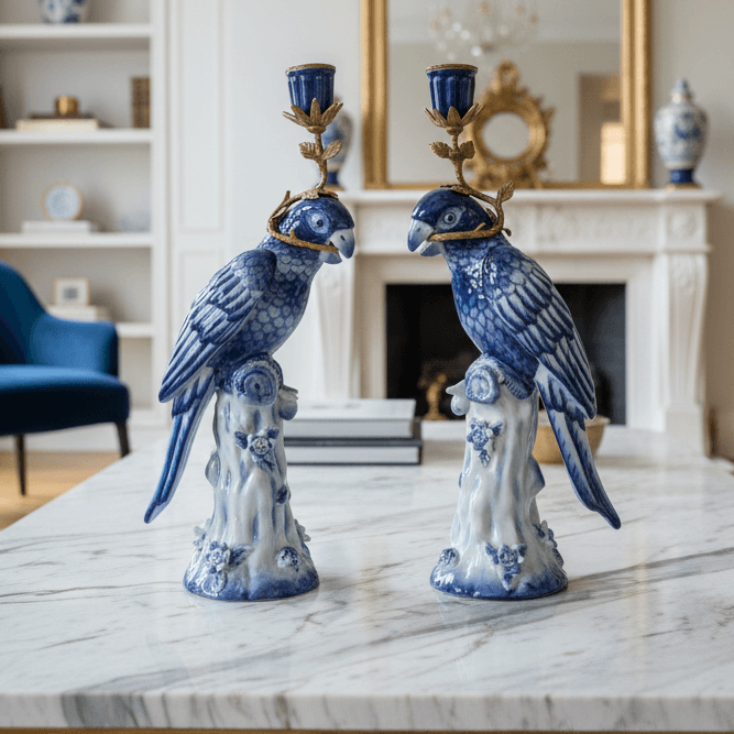 Bronze and porcelain parrot candle holders which are an exquisite reproduction of the Georgian originals. Beautifully made with the coloured porcelain parrots, topped with a bronze candle holder.