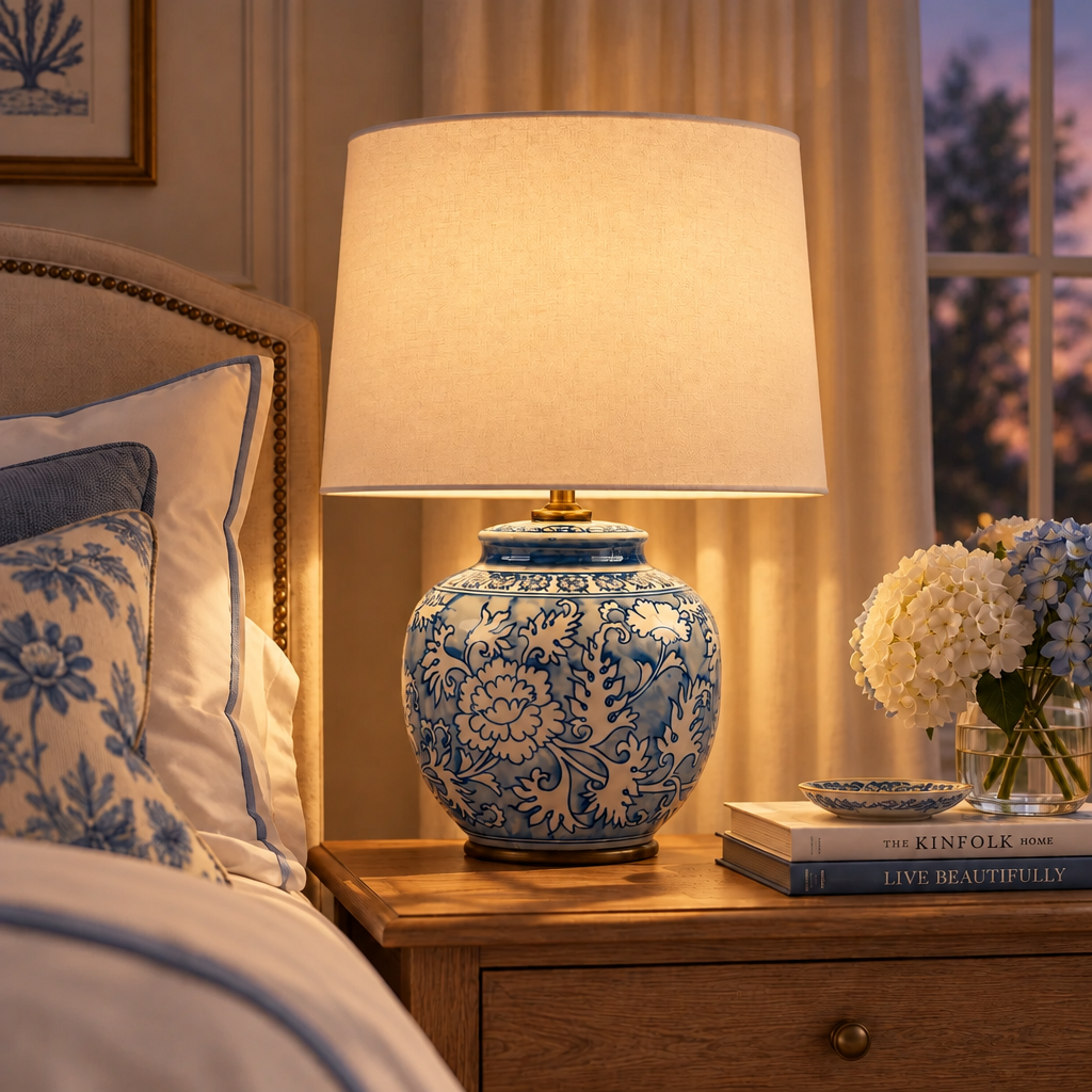 Small blue & white table lamp in a bedroom
