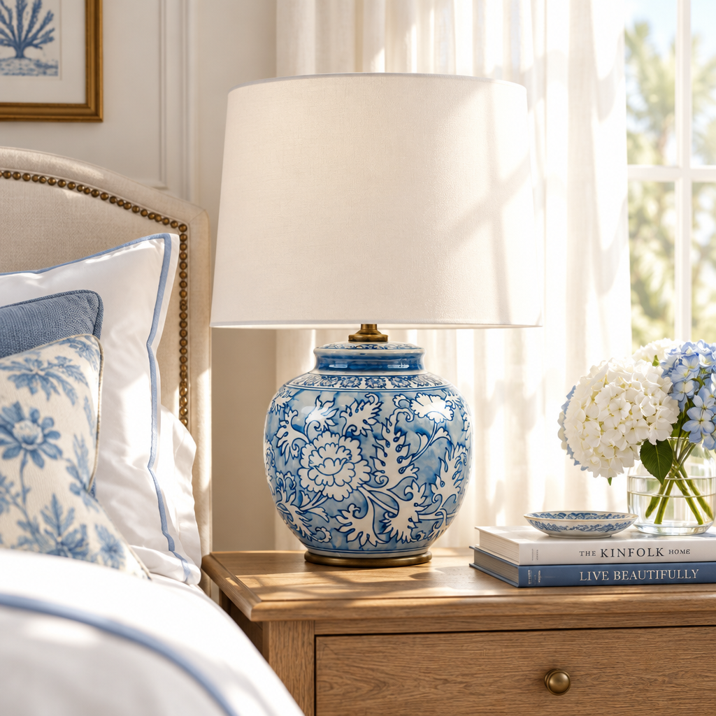 Small blue & white table lamp in a bedroom