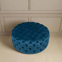 Round Buttoned Stool  Blue Velvet  90cm