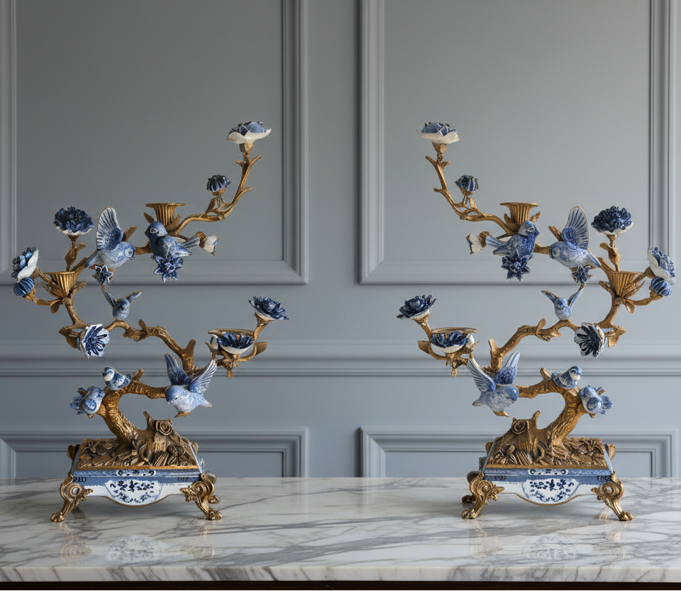 Bronze Bird Candelabra - Blue & White Porcelain Pair for home decor